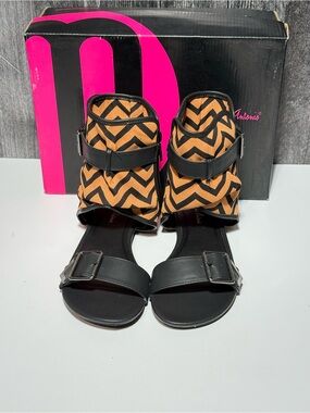 Michaels Antonio Black and Tan Chevron Ankle-Strap Sandals